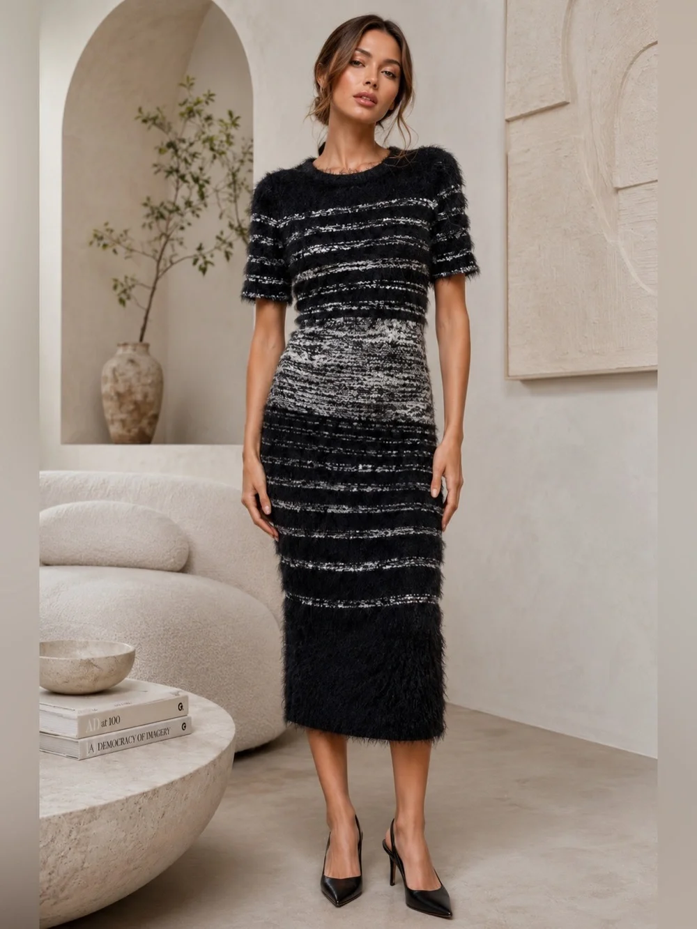 ANTHROPOLOGIE x YOANA BARASCHI Black Gray Eyelash Knit Sheath Dress Whimsigoth